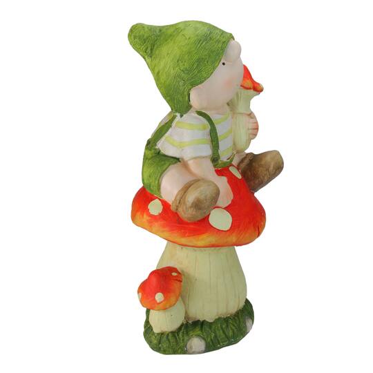 19.75" Young Boy Gnome Sitting on a Mushroom Spring Outdoor Garden Figure